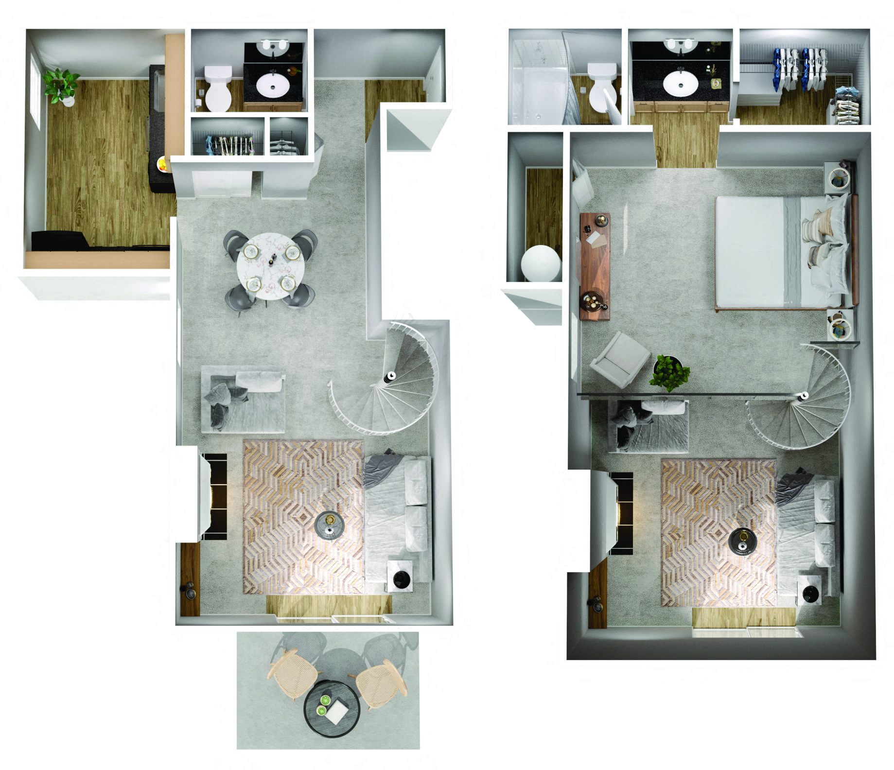 Floor plan for 1 bed, 1.5 baths, 772 sqft
